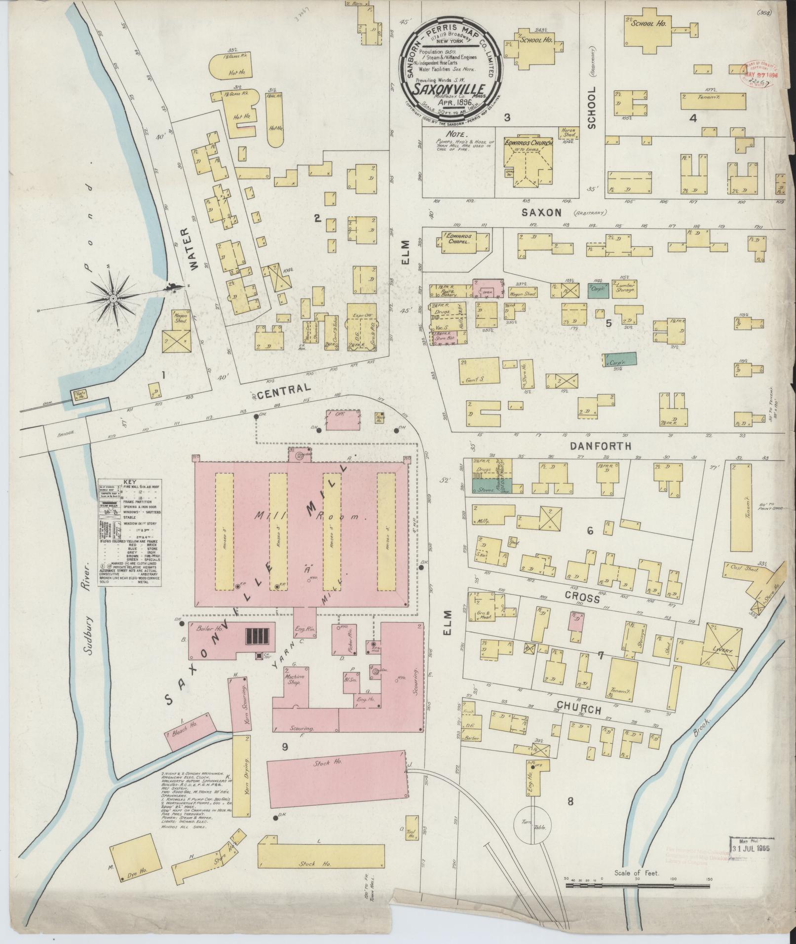 Sanborn Fire Insurance Map from Saxonville, Middlesex County, Massachusetts (1896), Sheet #0001 - Historic Sanborn Fire Insurance Map Print, vintage old map wall art, antique decor, genealogy gift, Massachusetts Massachusetts map