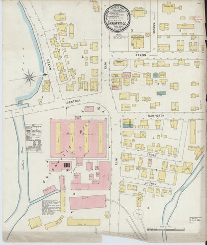 Sanborn Fire Insurance Map from Saxonville, Middlesex County, Massachusetts (1896), Sheet #0001 - Historic Sanborn Fire Insurance Map Print, vintage old map wall art, antique decor, genealogy gift, Massachusetts Massachusetts map