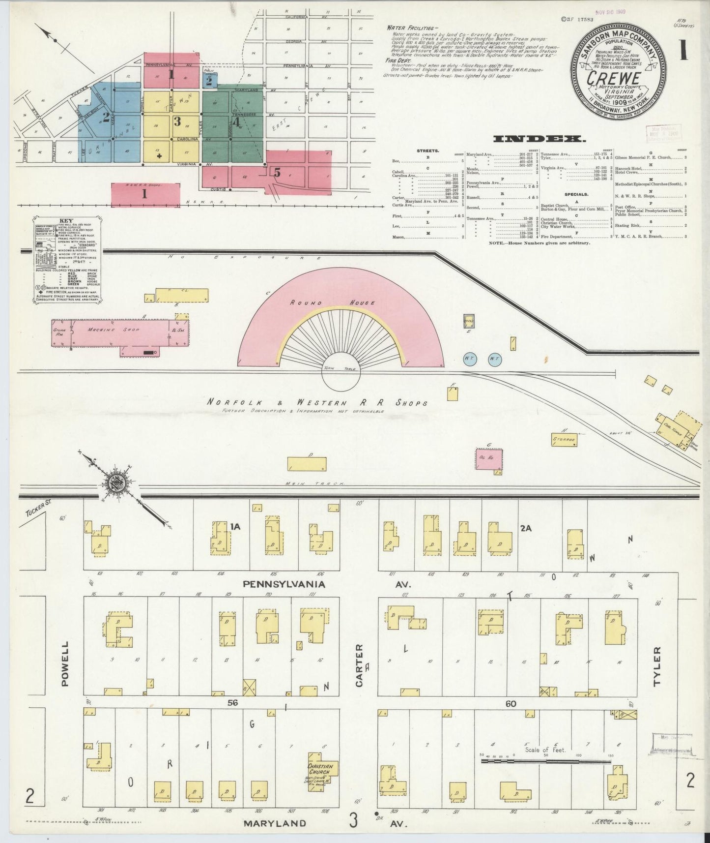 Sanborn Fire Insurance Map from Crewe, Nottoway County, Virginia (1909), Sheet #0001 - Historic Sanborn Fire Insurance Map Print, vintage old map wall art, antique decor, genealogy gift, Virginia Virginia map
