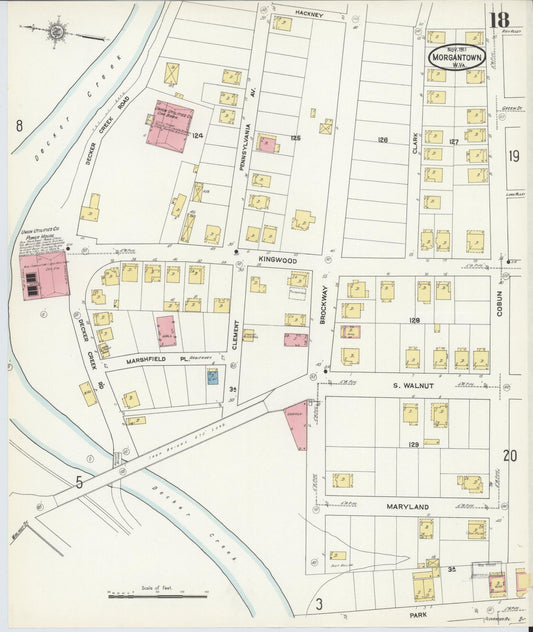 Sanborn Fire Insurance Map from Morgantown, Monongalia County, West Virginia (1911), Sheet #0018 - Historic Sanborn Fire Insurance Map Print, vintage old map wall art, antique decor, genealogy gift, West Virginia West Virginia map