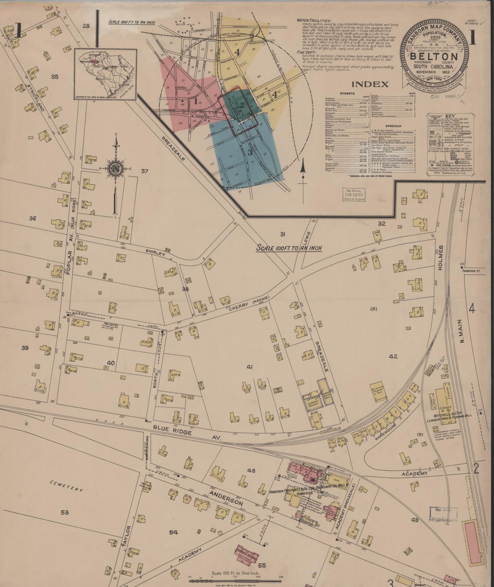 Sanborn Fire Insurance Map from Belton, Anderson County, South Carolina (1922), Sheet #0001 - Complete Map Set gallery image, historic Sanborn map, vintage wall art, South Carolina South Carolina