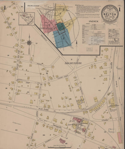 Sanborn Fire Insurance Map from Belton, Anderson County, South Carolina (1922), Sheet #0001 - Complete Map Set gallery image, historic Sanborn map, vintage wall art, South Carolina South Carolina