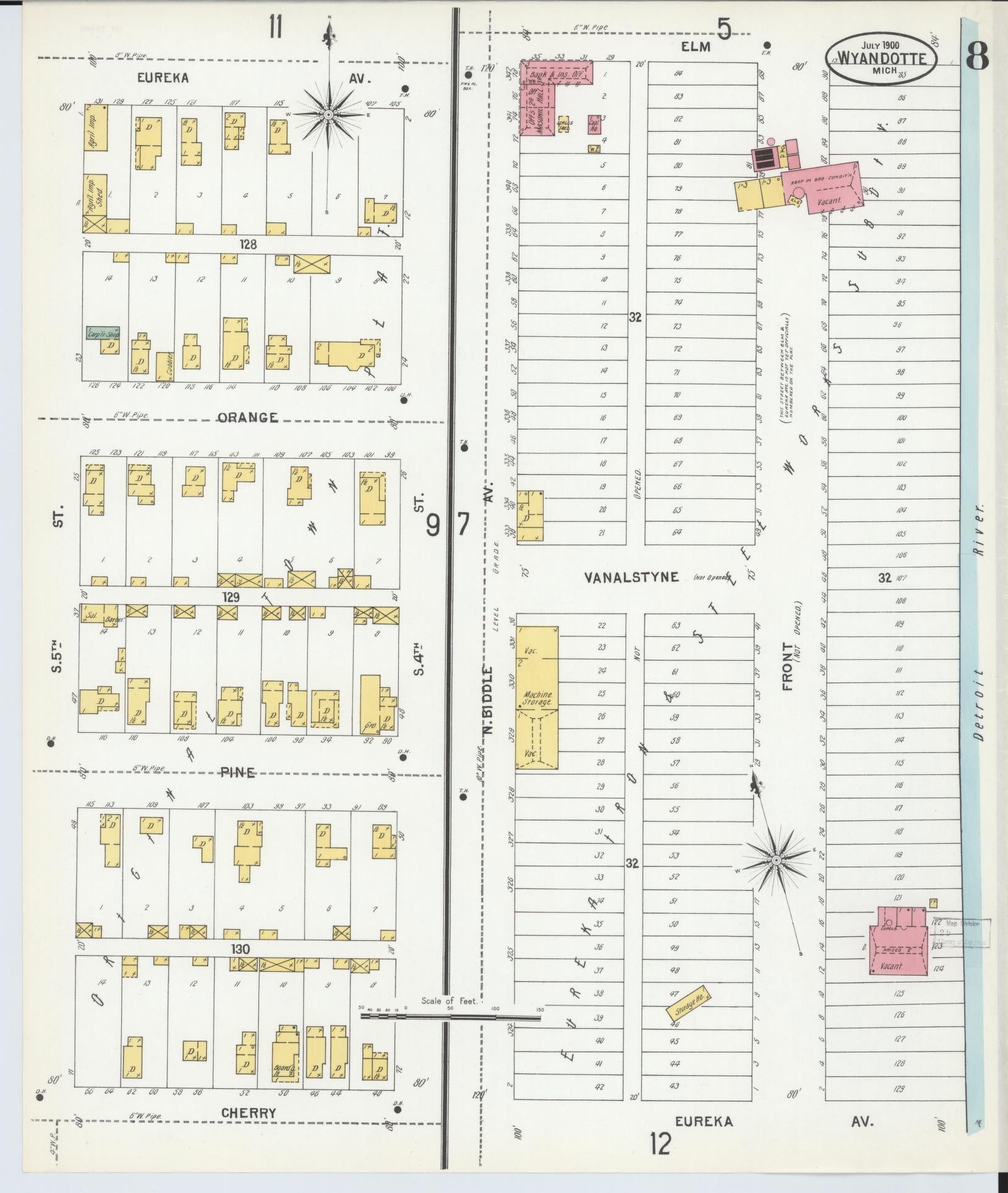 Sanborn Fire Insurance Map from Wyandotte, Wayne County, Michigan (1900), Sheet #0008 - Historic Sanborn Fire Insurance Map Print, vintage old map wall art, antique decor, genealogy gift, Michigan Michigan map