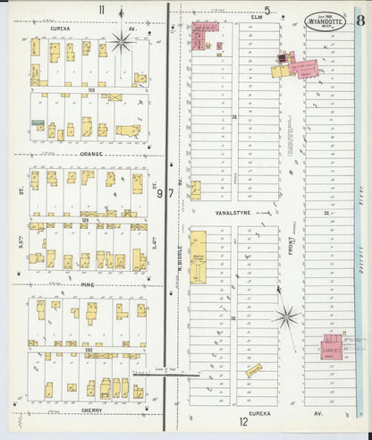 Sanborn Fire Insurance Map from Wyandotte, Wayne County, Michigan (1900), Sheet #0008 - Historic Sanborn Fire Insurance Map Print, vintage old map wall art, antique decor, genealogy gift, Michigan Michigan map