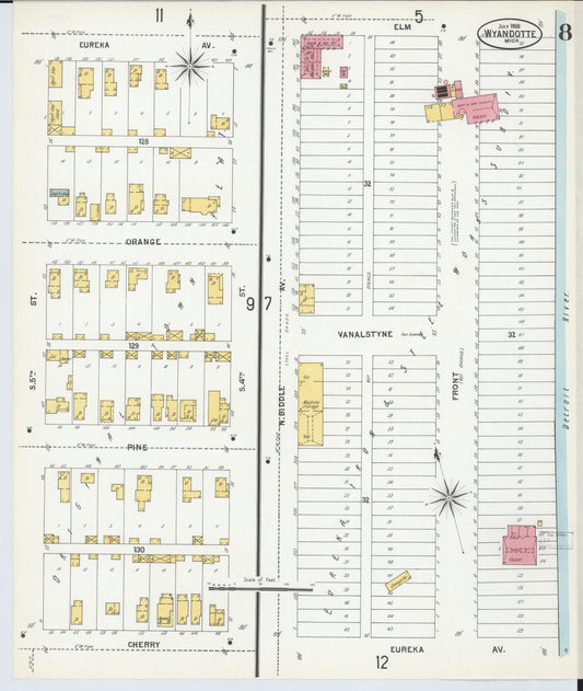 Sanborn Fire Insurance Map from Wyandotte, Wayne County, Michigan (1900), Sheet #0008 - Historic Sanborn Fire Insurance Map Print, vintage old map wall art, antique decor, genealogy gift, Michigan Michigan map