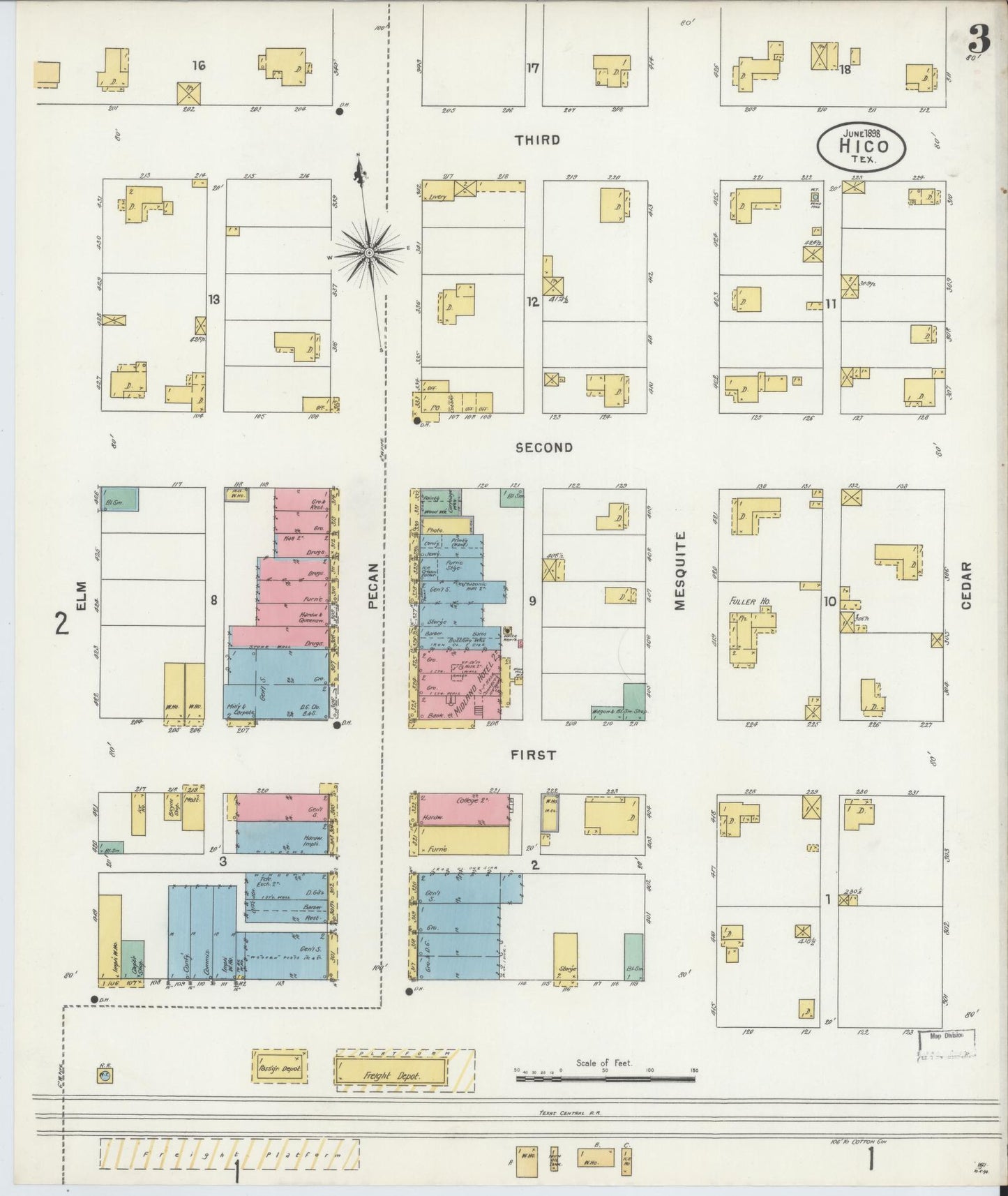 Sanborn Fire Insurance Map from Hico, Hamilton County, Texas (1898), Sheet #0003 - Historic Sanborn Fire Insurance Map Print, vintage old map wall art, antique decor, genealogy gift, Texas Texas map
