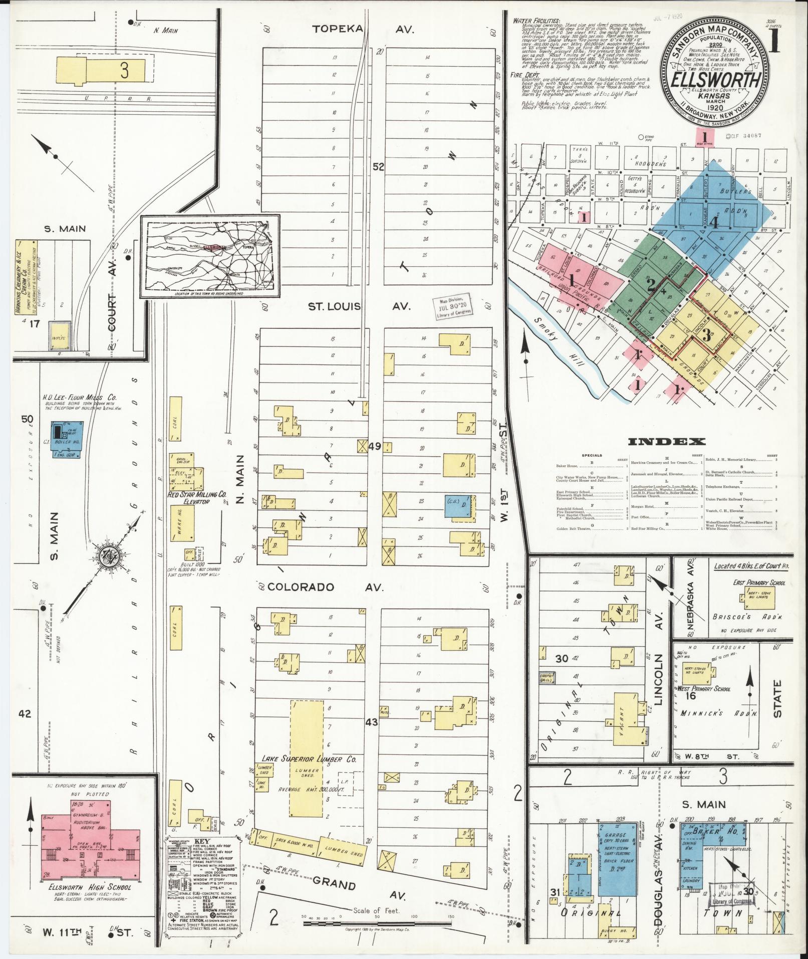 Sanborn Fire Insurance Map from Ellsworth, Ellsworth County, Kansas (1920), Sheet #0001 - Complete Map Set gallery image, historic Sanborn map, vintage wall art, Kansas Kansas