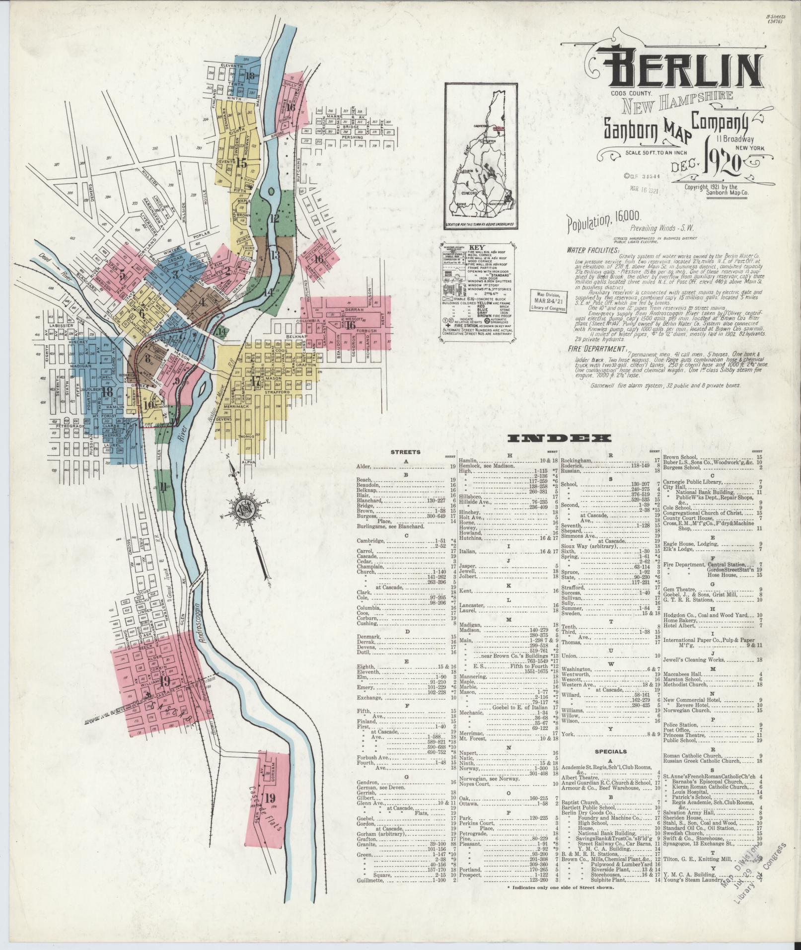 Sanborn Fire Insurance Map from Berlin, Coos County, New Hampshire (1920), Sheet #0001 - Complete Map Set gallery image, historic Sanborn map, vintage wall art, New Hampshire New Hampshire