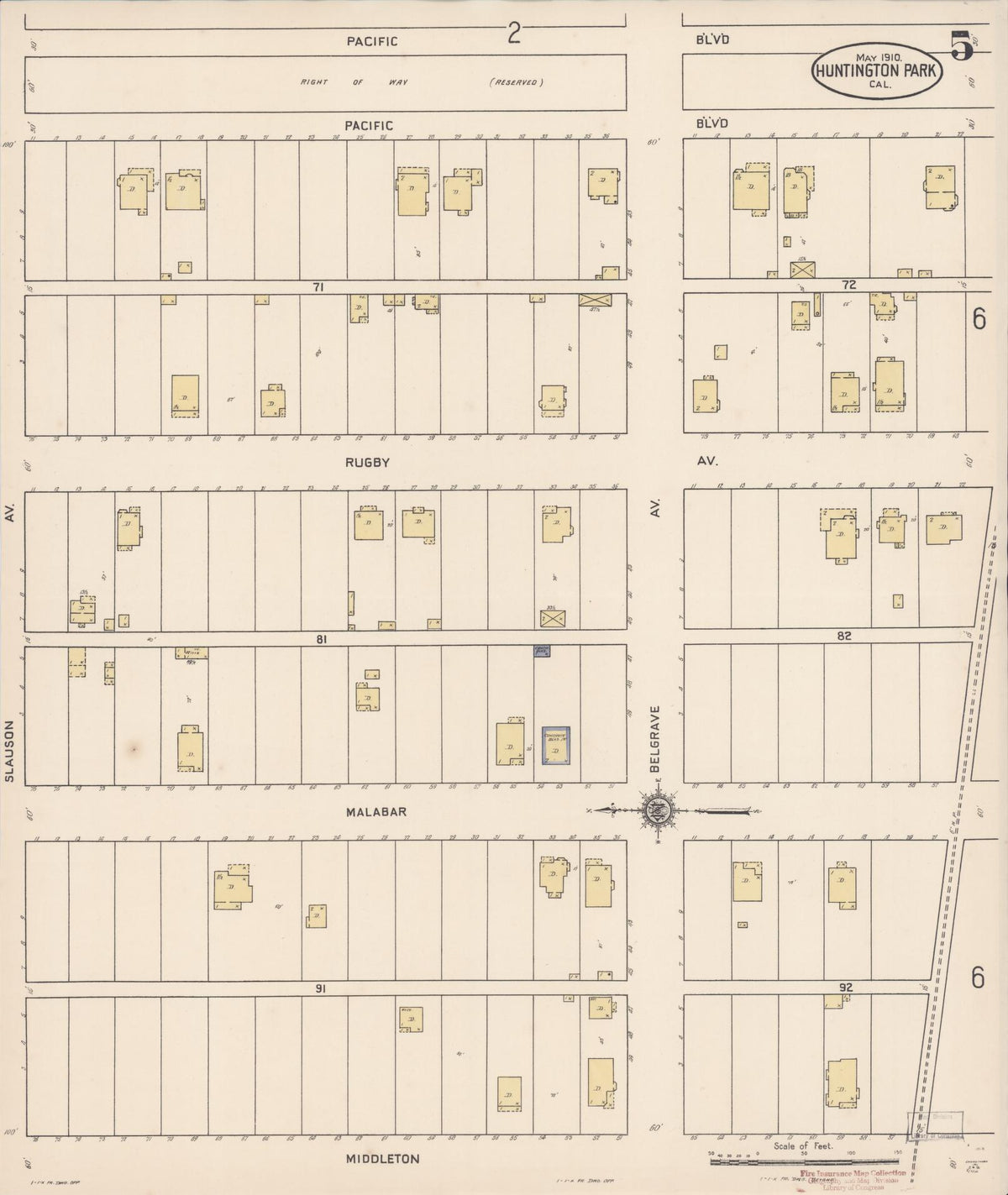 Sanborn Fire Insurance Map from Huntington Park, Los Angeles County, California (1910), Sheet #0005 - Complete Map Set gallery image, historic Sanborn map, vintage wall art, California California