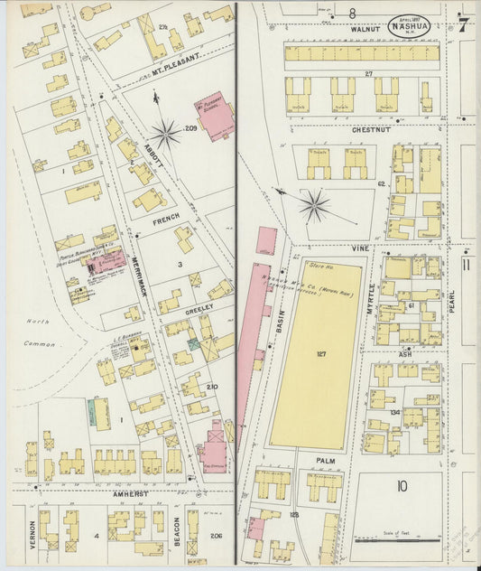 Sanborn Fire Insurance Map from Nashua, Hillsborough County, New Hampshire (1897), Sheet #0007 - Historic Sanborn Fire Insurance Map Print, vintage old map wall art, antique decor, genealogy gift, New Hampshire New Hampshire map
