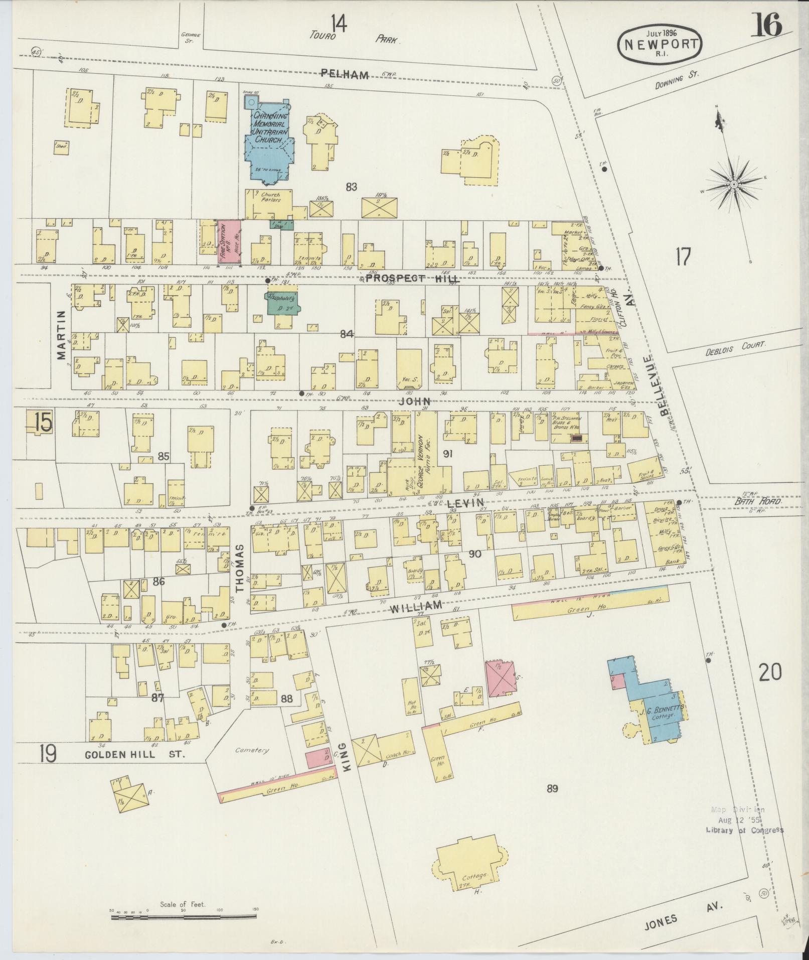 Sanborn Fire Insurance Map from Newport, Newport County, Rhode Island (1896), Sheet #0016 - Historic Sanborn Fire Insurance Map Print, vintage old map wall art, antique decor, genealogy gift, Rhode Island Rhode Island map