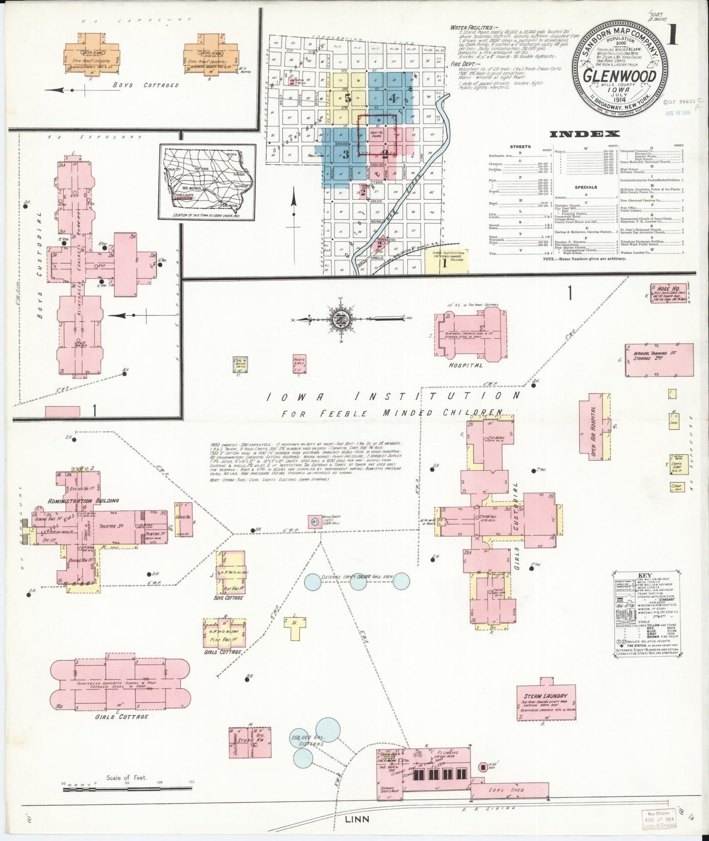 Sanborn Fire Insurance Map from Glenwood, Mills County, Iowa (1914), Sheet #0001 - Historic Sanborn Fire Insurance Map Print, vintage old map wall art