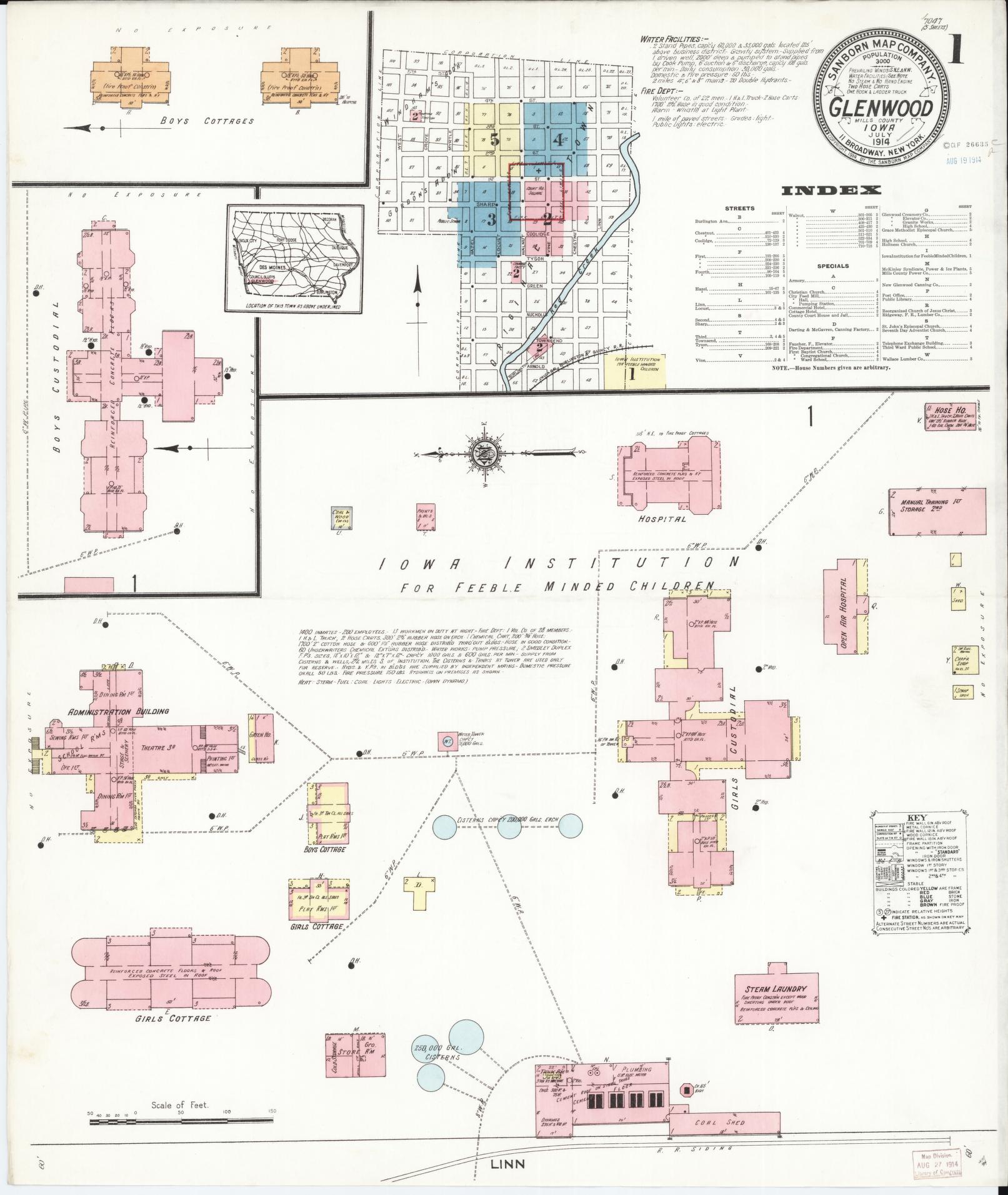 Sanborn Fire Insurance Map from Glenwood, Mills County, Iowa (1914), Sheet #0001 - Historic Sanborn Fire Insurance Map Print, vintage old map wall art