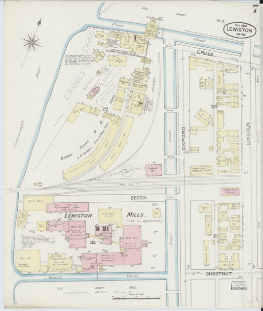 Sanborn Fire Insurance Map from Lewiston, Androscoggin County, Maine (1886), Sheet #0007 - Historic Sanborn Fire Insurance Map Print, vintage old map wall art, antique decor, genealogy gift, Maine Maine map