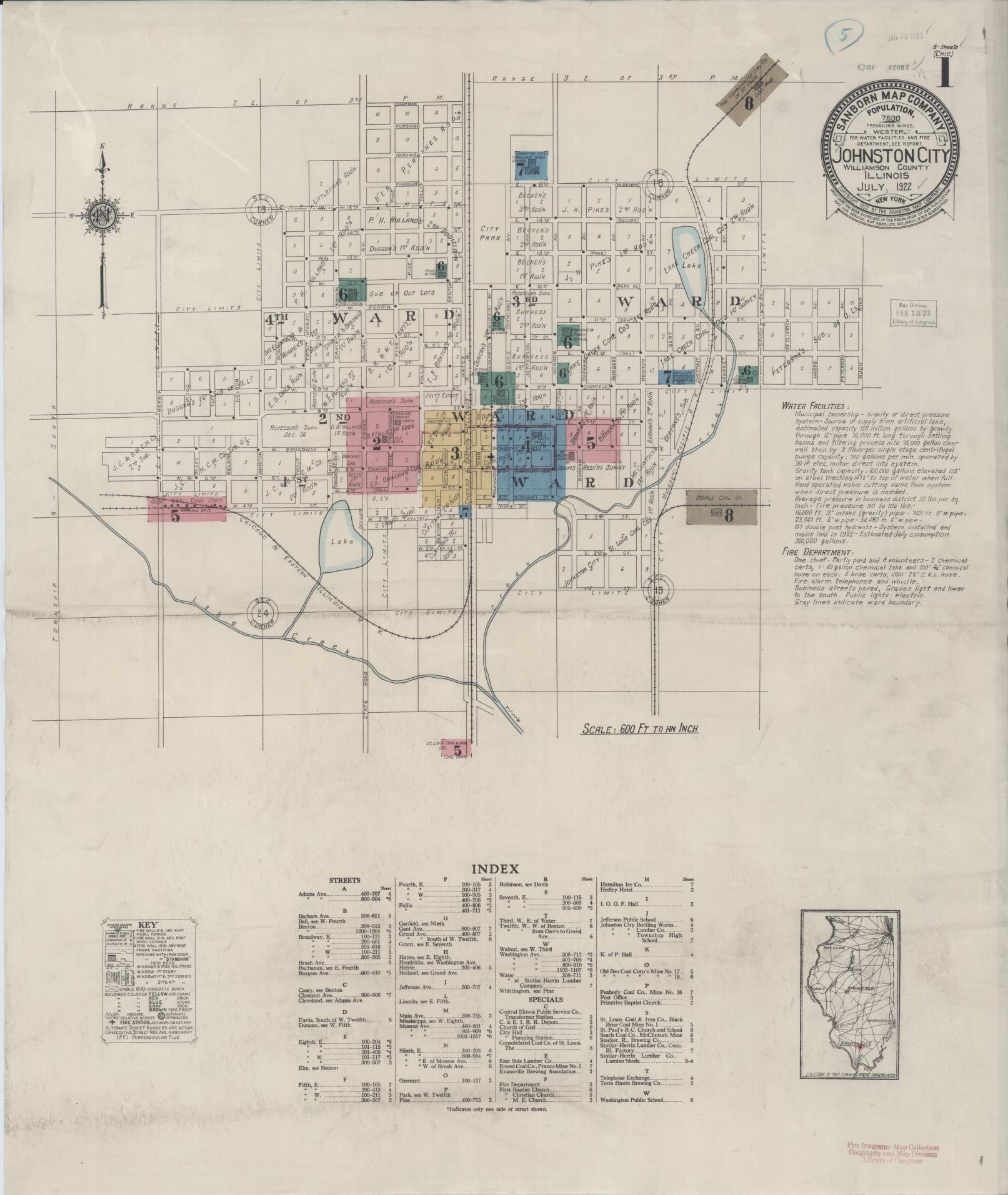 Sanborn Fire Insurance Map from Johnston City, Williamson County, Illinois (1922), Sheet #0001 - Historic Sanborn Fire Insurance Map Print, vintage old map wall art, antique decor, genealogy gift, Illinois Illinois map