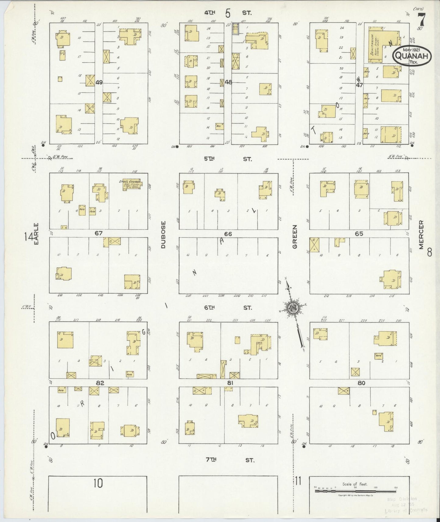 Sanborn Fire Insurance Map from Quanah, Hardeman County, Texas (1921), Sheet #0007 - Historic Sanborn Fire Insurance Map Print, vintage old map wall art, antique decor, genealogy gift, Texas Texas map