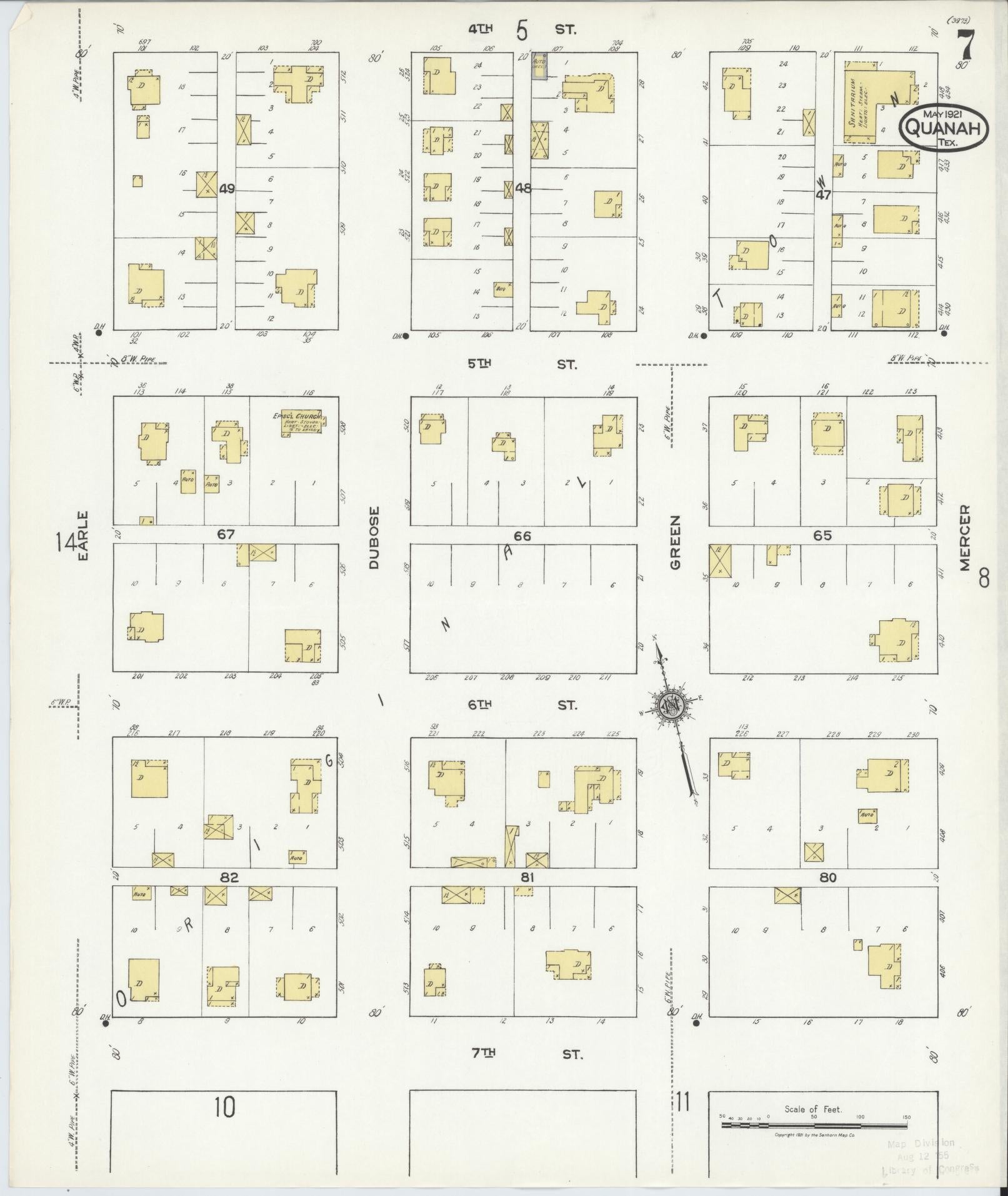 Sanborn Fire Insurance Map from Quanah, Hardeman County, Texas (1921), Sheet #0007 - Historic Sanborn Fire Insurance Map Print, vintage old map wall art, antique decor, genealogy gift, Texas Texas map