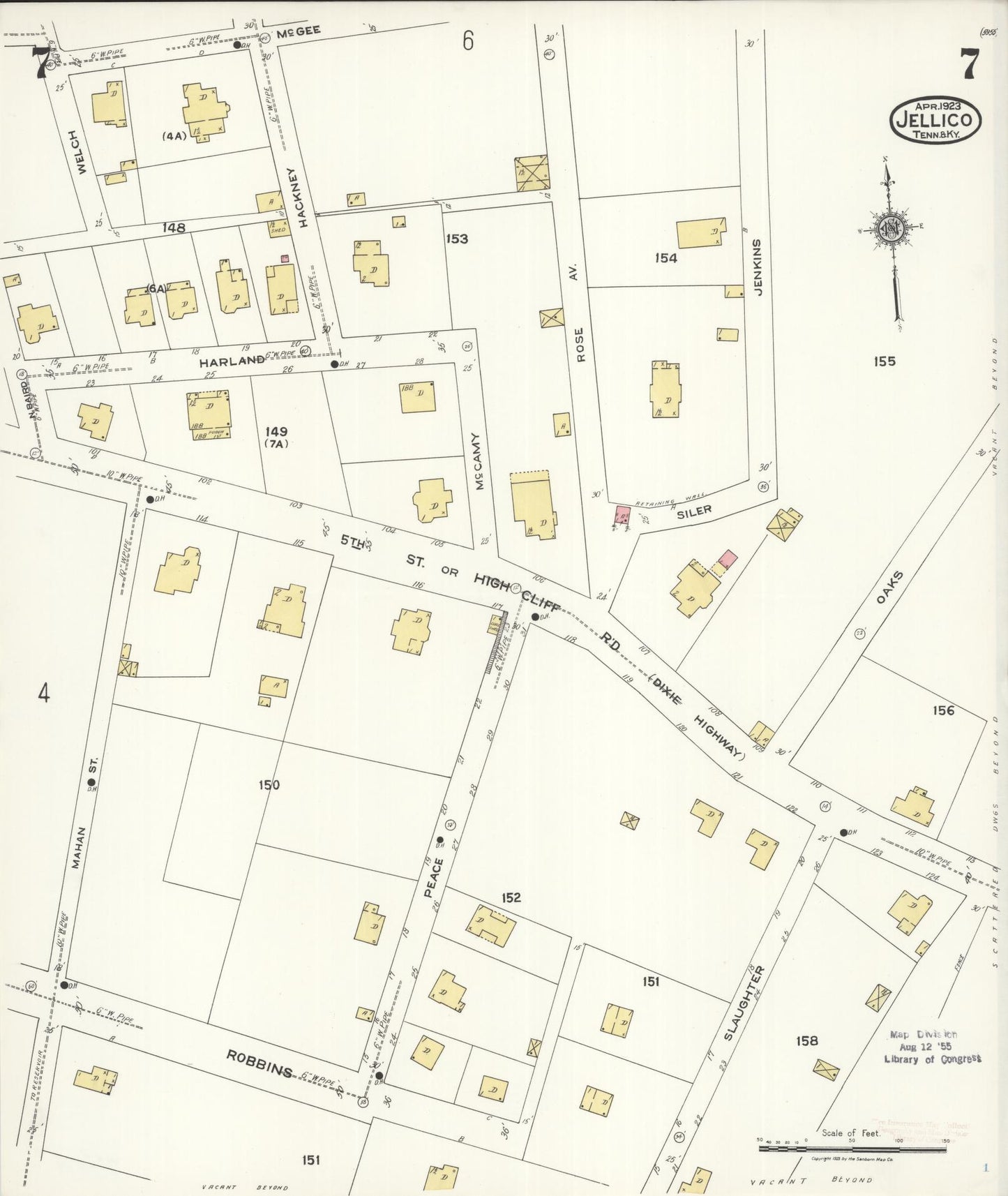 Sanborn Fire Insurance Map from Jellico, Whitley County, Ky., and Campbell County, Tenna, Kentucky (1923), Sheet #0007 - Historic Sanborn Fire Insurance Map Print, vintage old map wall art, antique decor, genealogy gift, Kentucky Kentucky map