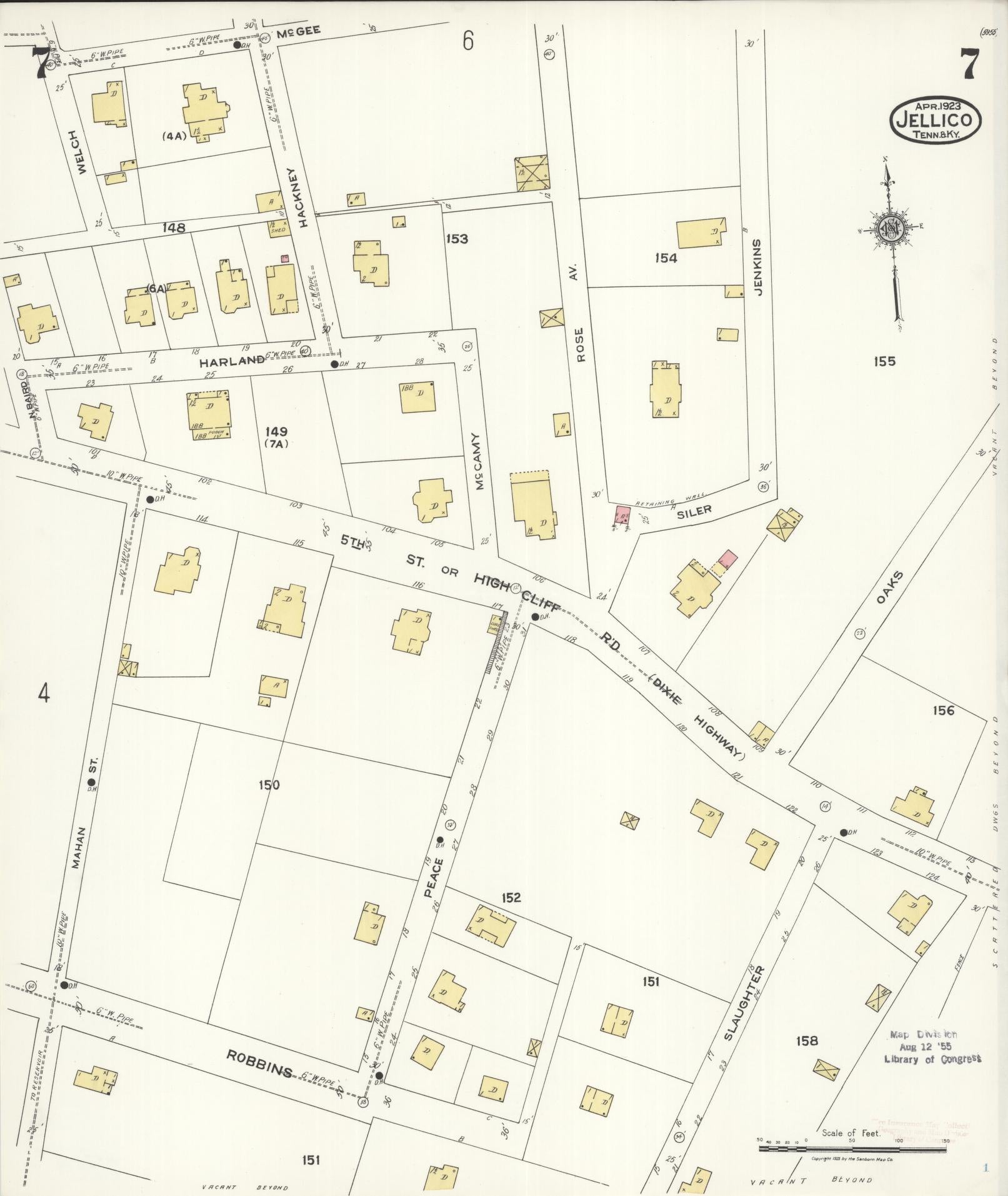 Sanborn Fire Insurance Map from Jellico, Whitley County, Ky., and Campbell County, Tenna, Kentucky (1923), Sheet #0007 - Historic Sanborn Fire Insurance Map Print, vintage old map wall art, antique decor, genealogy gift, Kentucky Kentucky map