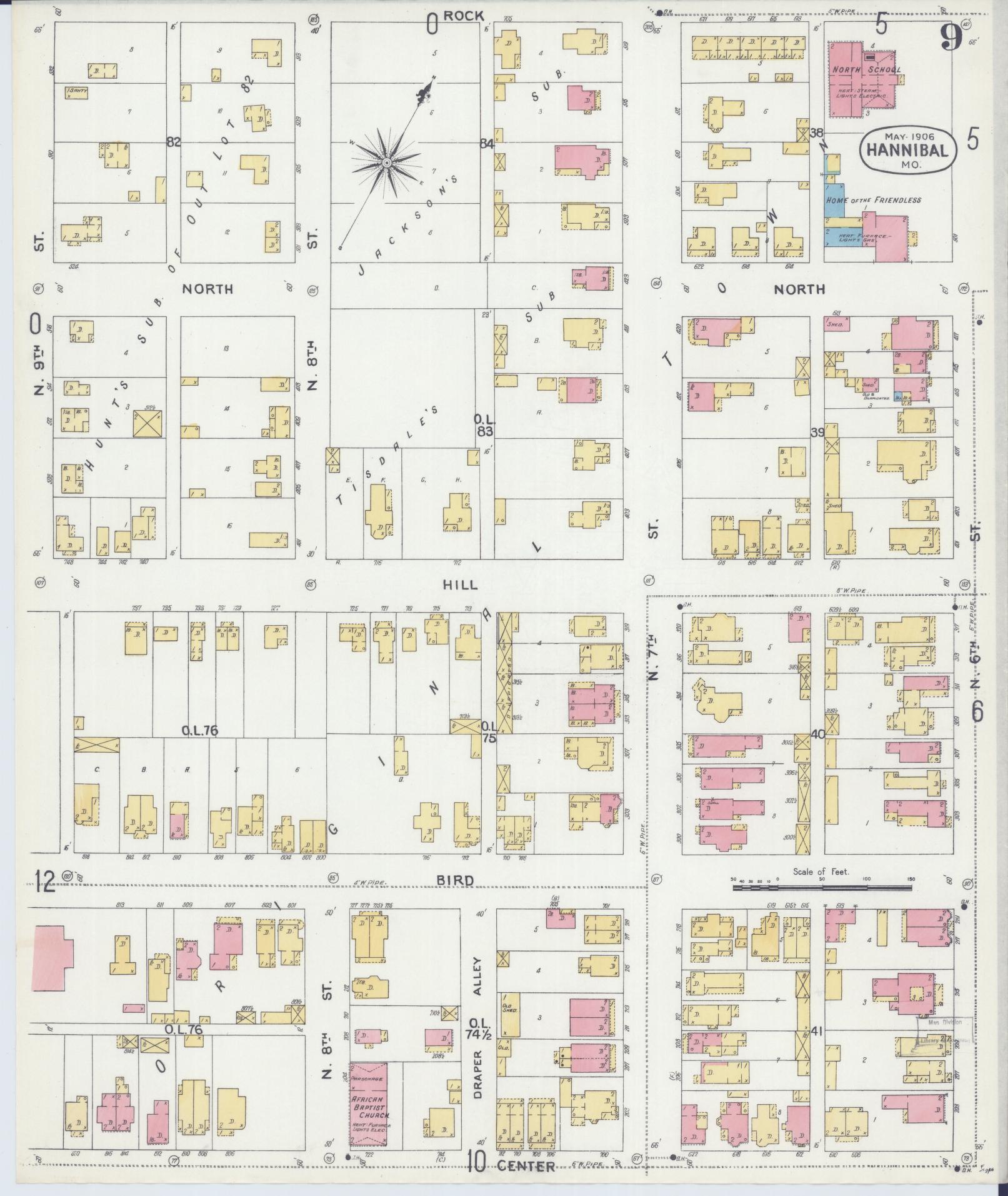 Sanborn Fire Insurance Map from Hannibal, Marion County, Missouri (1906), Sheet #0009 - Historic Sanborn Fire Insurance Map Print, vintage old map wall art, antique decor, genealogy gift, Missouri Missouri map