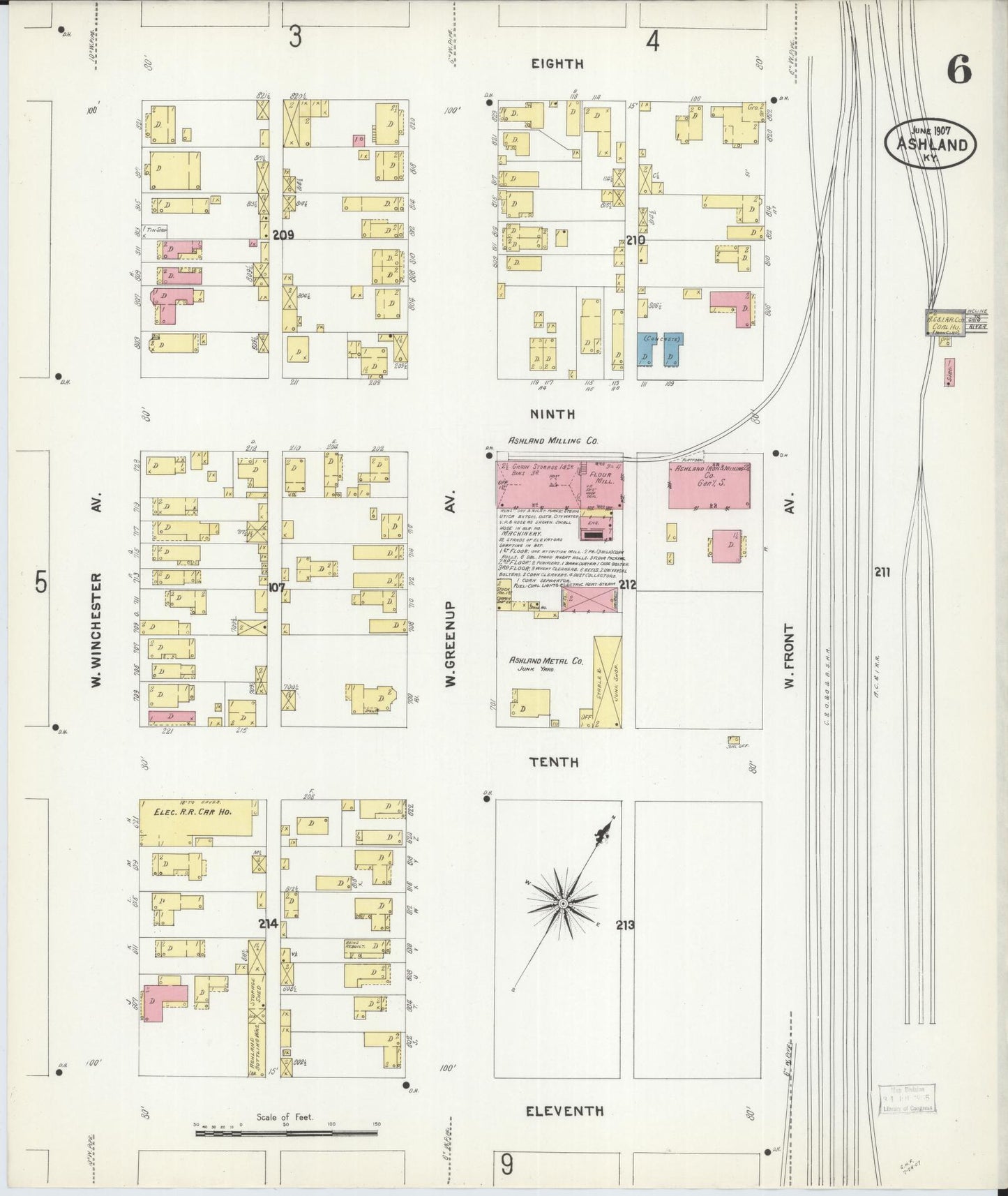Sanborn Fire Insurance Map from Ashland, Boyd County, Kentucky (1907), Sheet #0006 - Complete Map Set gallery image, historic Sanborn map, vintage wall art, Kentucky Kentucky
