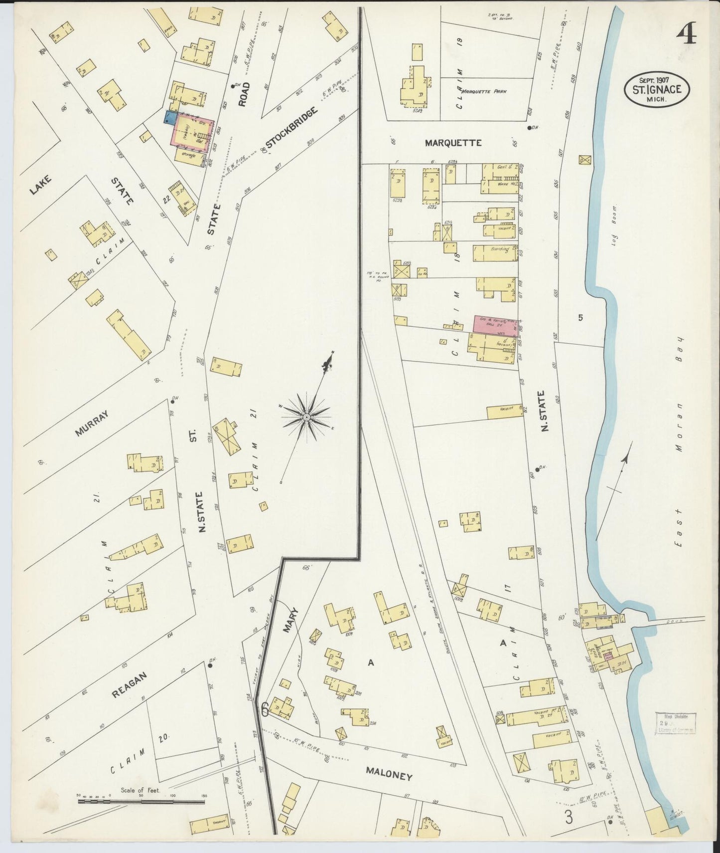 Sanborn Fire Insurance Map from Saint Ignace, Mackinac County, Michigan (1907), Sheet #0004 - Complete Map Set gallery image, historic Sanborn map, vintage wall art, Michigan Michigan