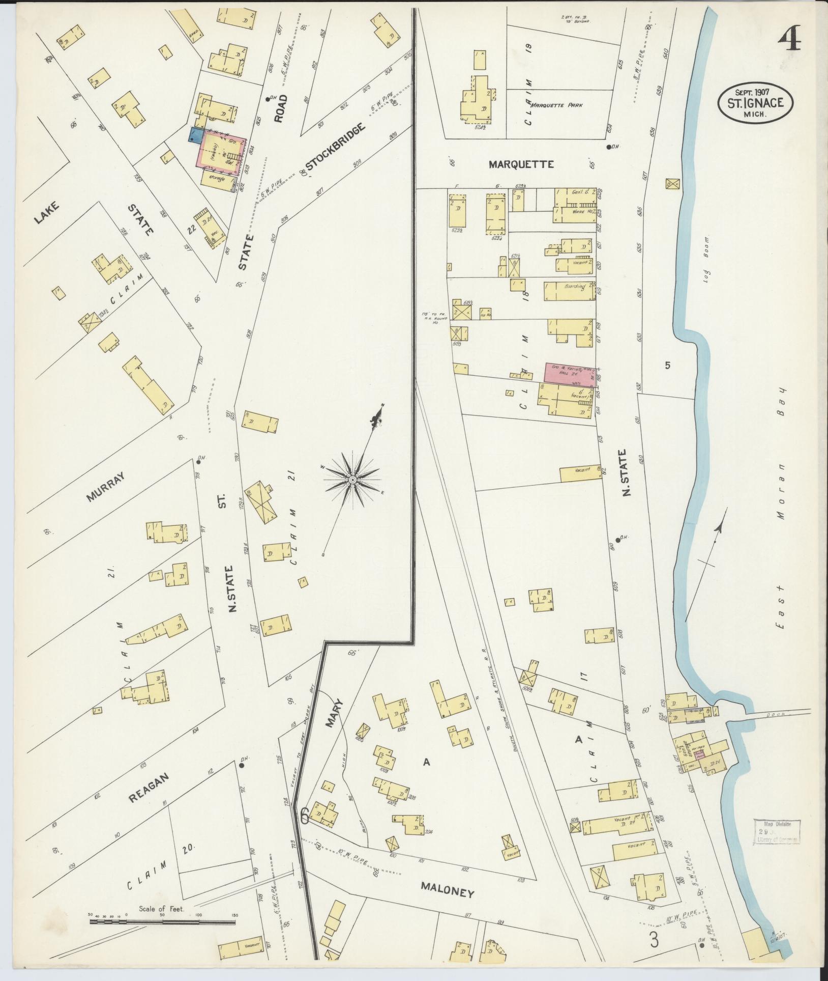 Sanborn Fire Insurance Map from Saint Ignace, Mackinac County, Michigan (1907), Sheet #0004 - Complete Map Set gallery image, historic Sanborn map, vintage wall art, Michigan Michigan