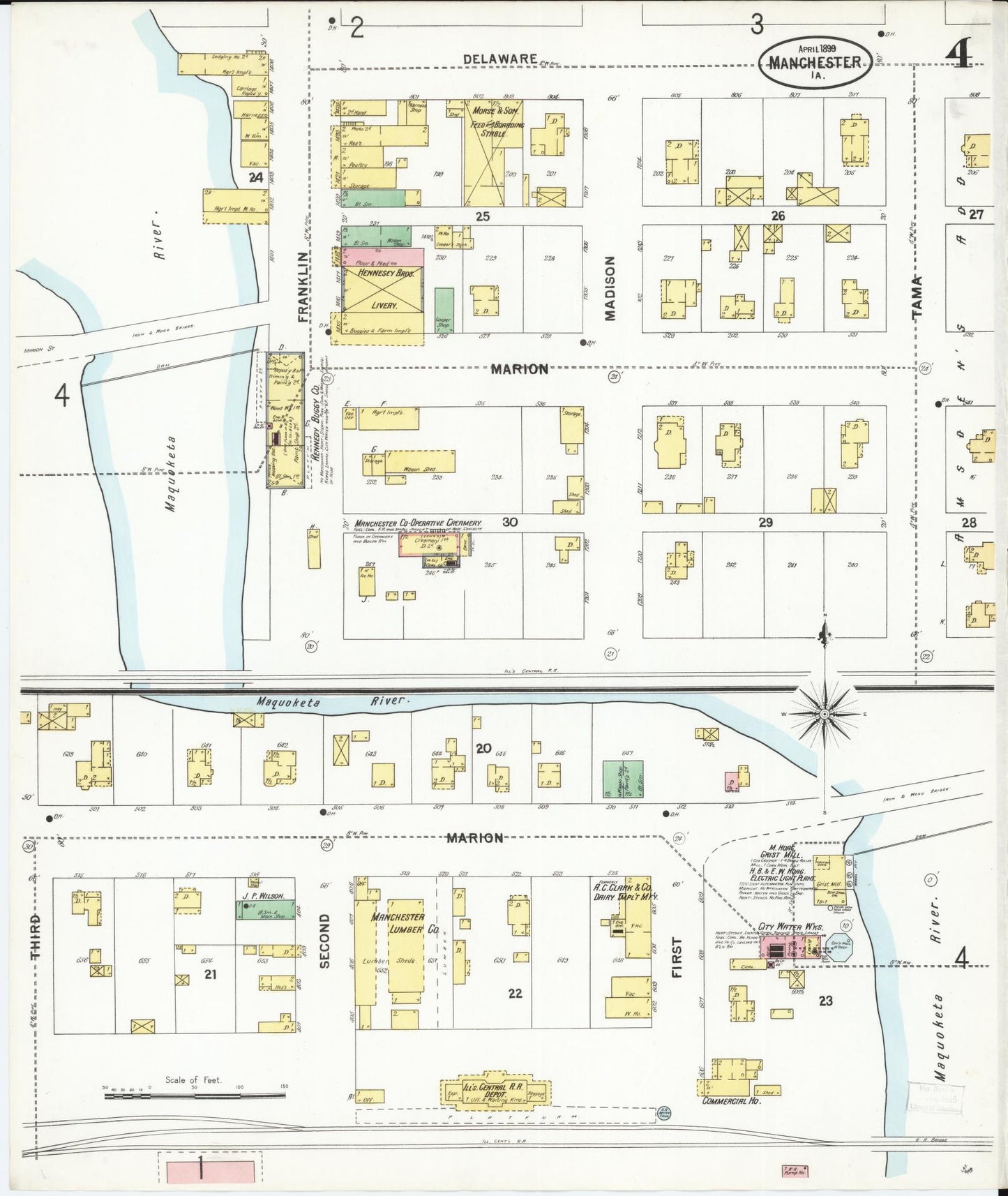 Sanborn Fire Insurance Map from Manchester, Delaware County, Iowa (1899), Sheet #0004 - Complete Map Set gallery image, historic Sanborn map, vintage wall art, Manchester Delaware