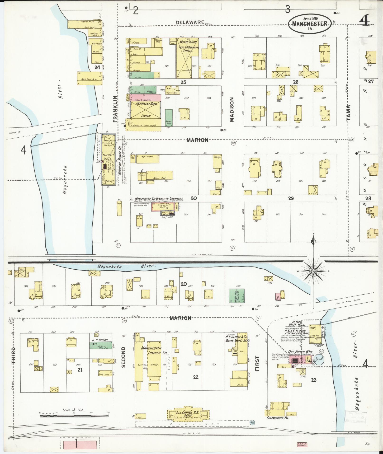 Sanborn Fire Insurance Map from Manchester, Delaware County, Iowa (1899), Sheet #0004 - Complete Map Set gallery image, historic Sanborn map, vintage wall art, Manchester Delaware