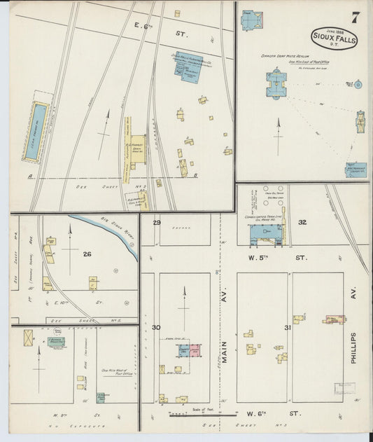 Sanborn Fire Insurance Map from Sioux Falls, Minnehaha County, South Dakota (1888), Sheet #0007 - Historic Sanborn Fire Insurance Map Print, vintage old map wall art, antique decor, genealogy gift, South Dakota South Dakota map