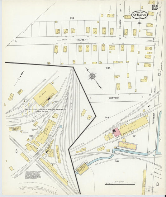 Sanborn Fire Insurance Map from Saint Marys, Elk County, Pennsylvania (1915), Sheet #0012 - Historic Sanborn Fire Insurance Map Print, vintage old map wall art, antique decor, genealogy gift, Pennsylvania Pennsylvania map