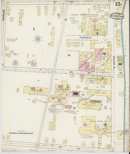 Sanborn Fire Insurance Map from Taunton, Bristol County, Massachusetts (1888), Sheet #0015 - Historic Sanborn Fire Insurance Map Print, vintage old map wall art, antique decor, genealogy gift, Massachusetts Massachusetts map