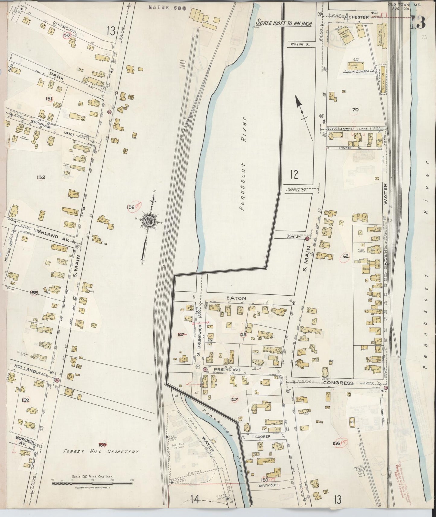 Sanborn Fire Insurance Map from Old Town, Penobscot County, Maine (1948), Sheet #0013 - Historic Sanborn Fire Insurance Map Print, vintage old map wall art, antique decor, genealogy gift, Maine Maine map
