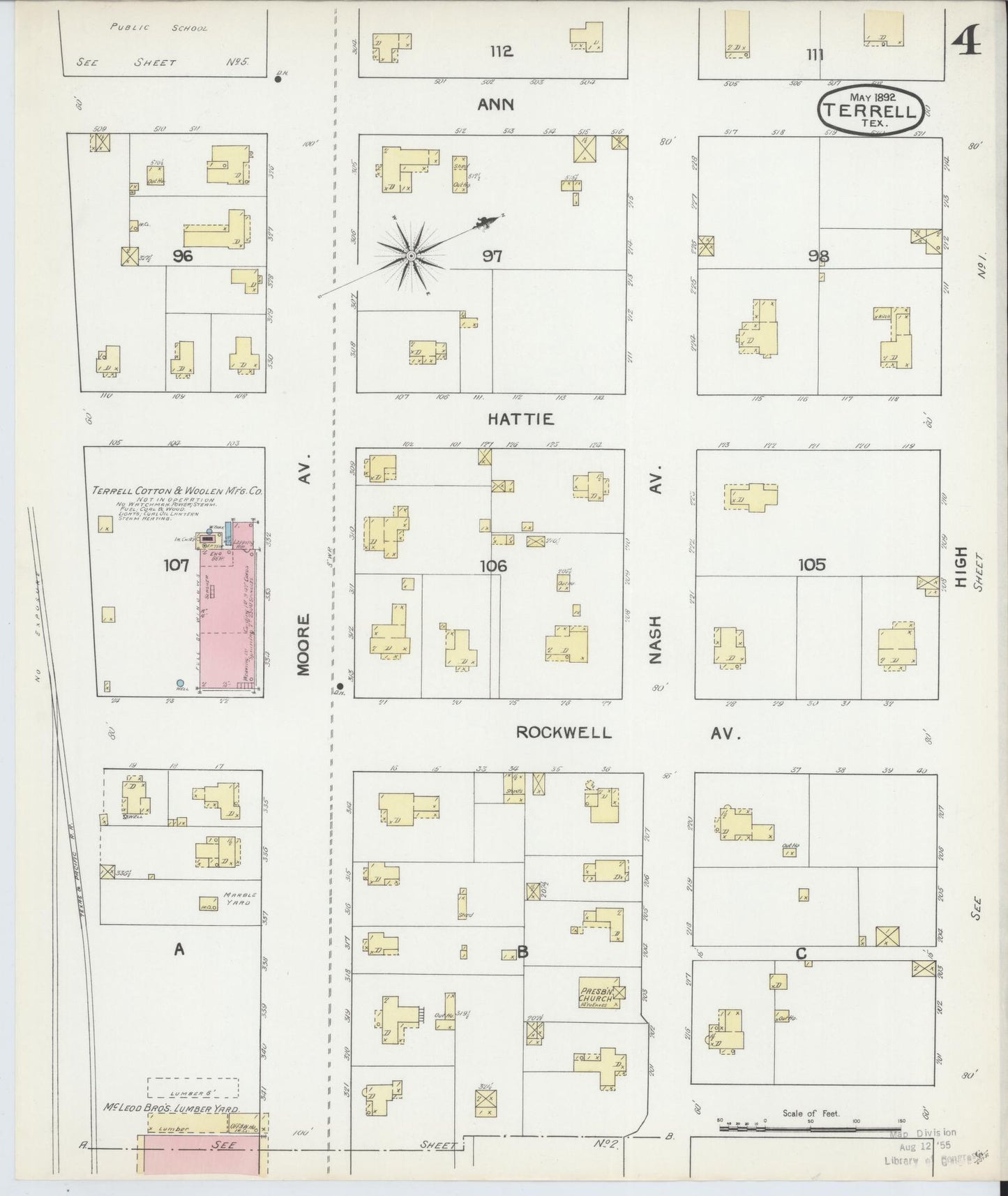 Sanborn Fire Insurance Map from Terrell, Kaufman County, Texas (1892), Sheet #0004 - Historic Sanborn Fire Insurance Map Print, vintage old map wall art, antique decor, genealogy gift, Texas Texas map