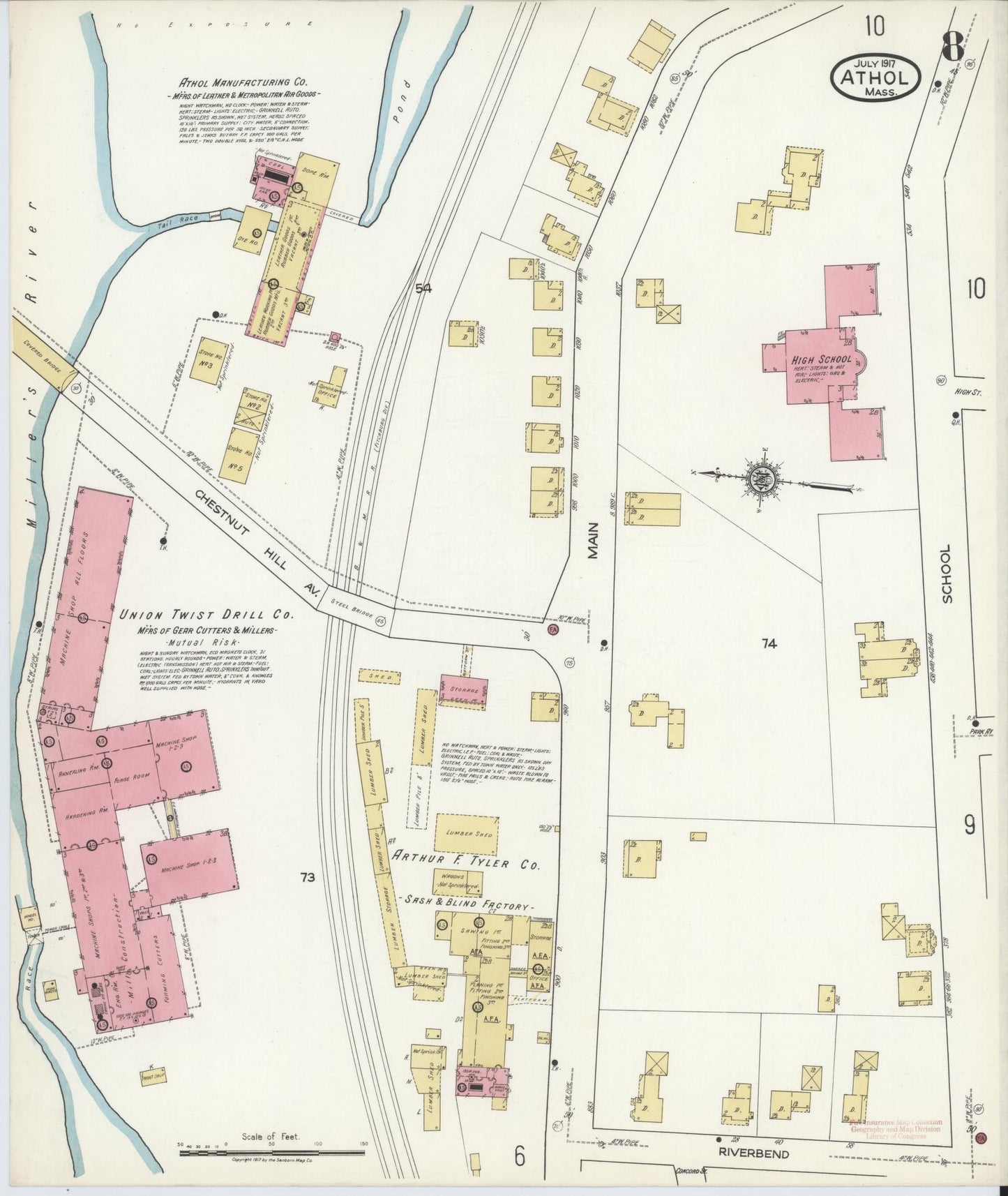 Sanborn Fire Insurance Map from Athol, Worcester County, Massachusetts (1917), Sheet #0008 - Complete Map Set gallery image, historic Sanborn map, vintage wall art, Massachusetts Massachusetts