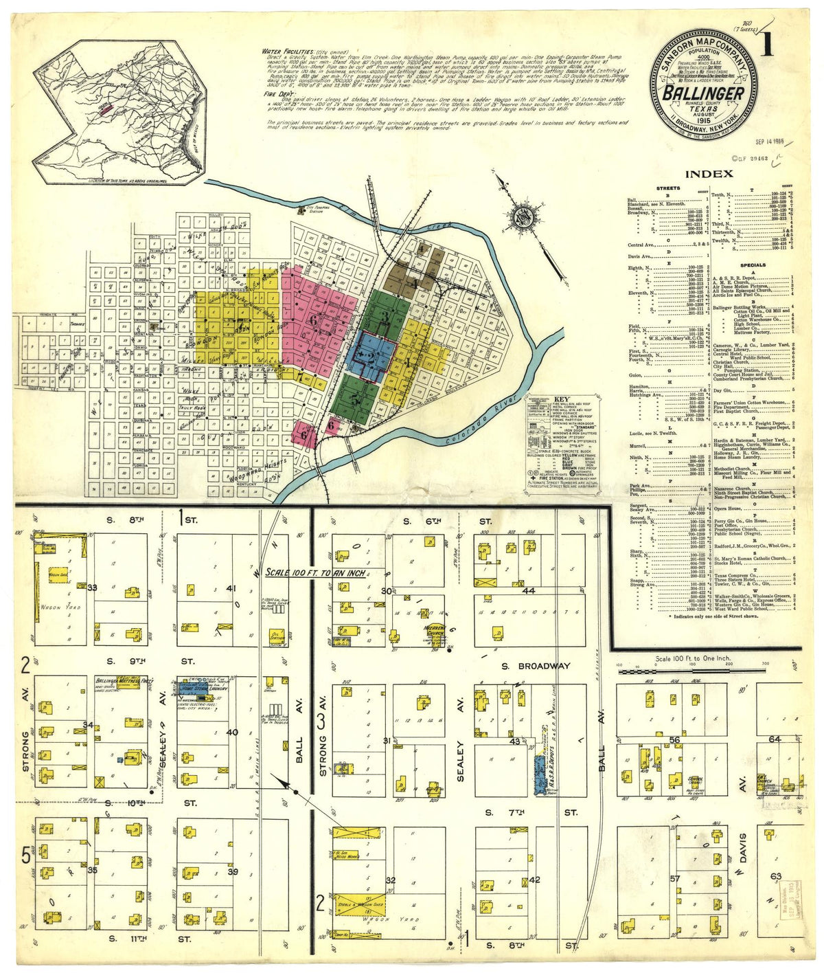 Sanborn Fire Insurance Map from Ballinger, Runnels County, Texas (1915), Sheet #0001 - Historic Sanborn Fire Insurance Map Print, vintage old map wall art, antique decor, genealogy gift, Texas Texas map