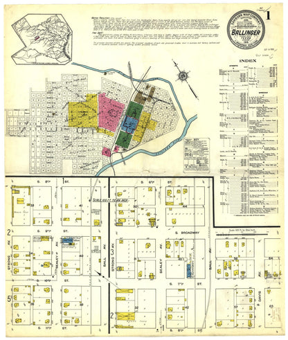Sanborn Fire Insurance Map from Ballinger, Runnels County, Texas (1915), Sheet #0001 - Historic Sanborn Fire Insurance Map Print, vintage old map wall art, antique decor, genealogy gift, Texas Texas map