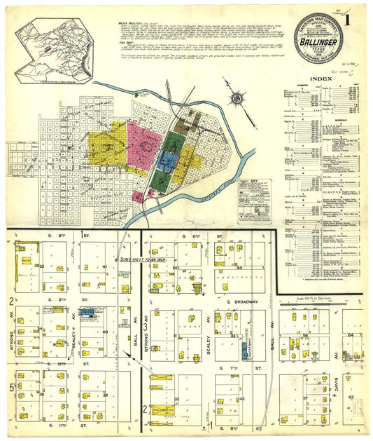 Sanborn Fire Insurance Map from Ballinger, Runnels County, Texas (1915), Sheet #0001 - Historic Sanborn Fire Insurance Map Print, vintage old map wall art, antique decor, genealogy gift, Texas Texas map