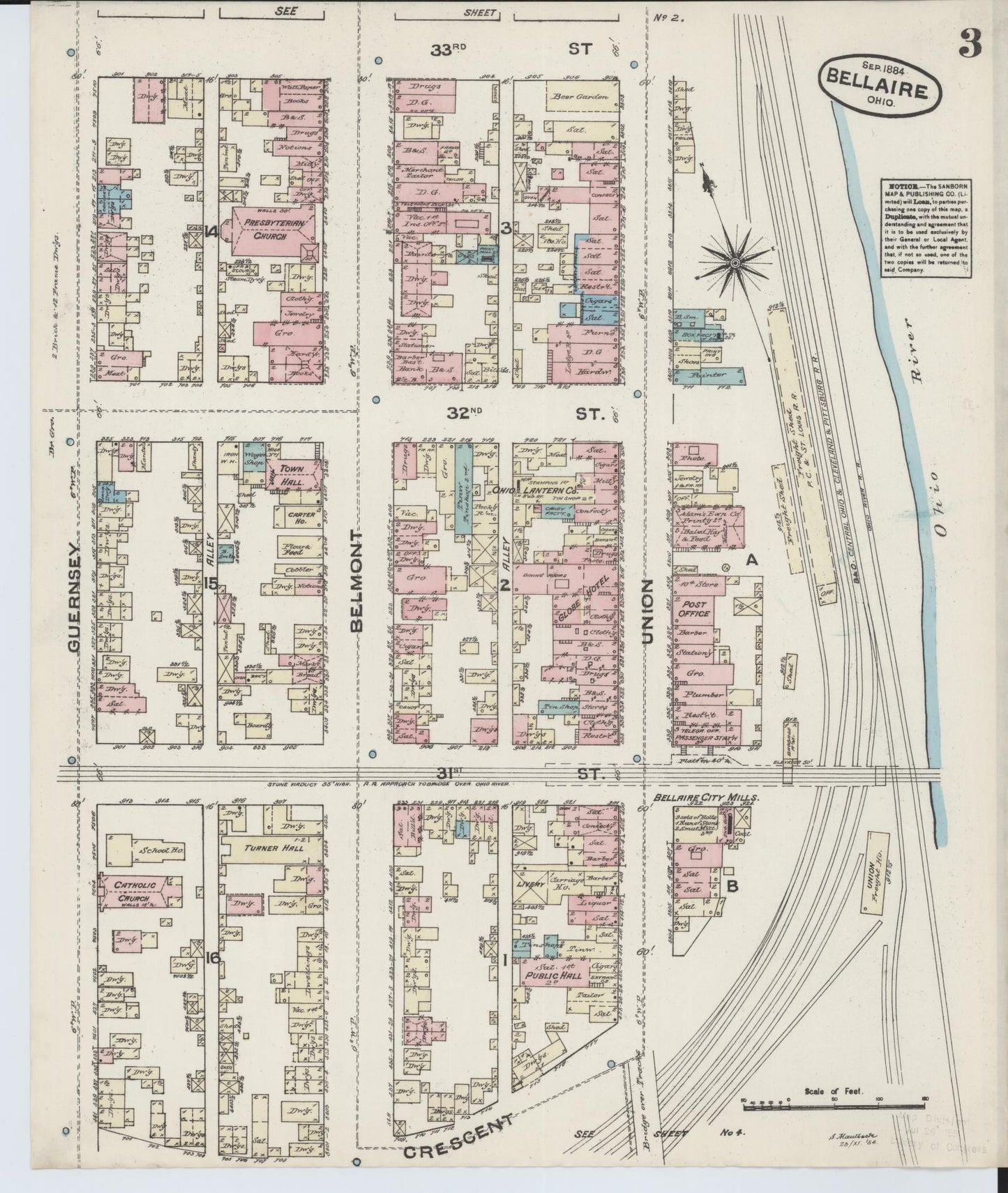 Sanborn Fire Insurance Map from Bellaire, Belmont County, Ohio (1884), Sheet #0003 - Historic Sanborn Fire Insurance Map Print, vintage old map wall art, antique decor, genealogy gift, Ohio Ohio map