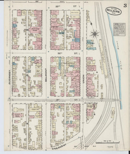 Sanborn Fire Insurance Map from Bellaire, Belmont County, Ohio (1884), Sheet #0003 - Historic Sanborn Fire Insurance Map Print, vintage old map wall art, antique decor, genealogy gift, Ohio Ohio map