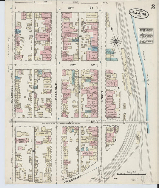 Sanborn Fire Insurance Map from Bellaire, Belmont County, Ohio (1884), Sheet #0003 - Historic Sanborn Fire Insurance Map Print, vintage old map wall art, antique decor, genealogy gift, Ohio Ohio map