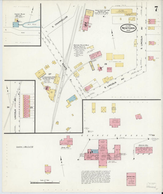 Sanborn Fire Insurance Map from Newtown, Bucks County, Pennsylvania (1909), Sheet #0007 - Historic Sanborn Fire Insurance Map Print, vintage old map wall art, antique decor, genealogy gift, Pennsylvania Pennsylvania map