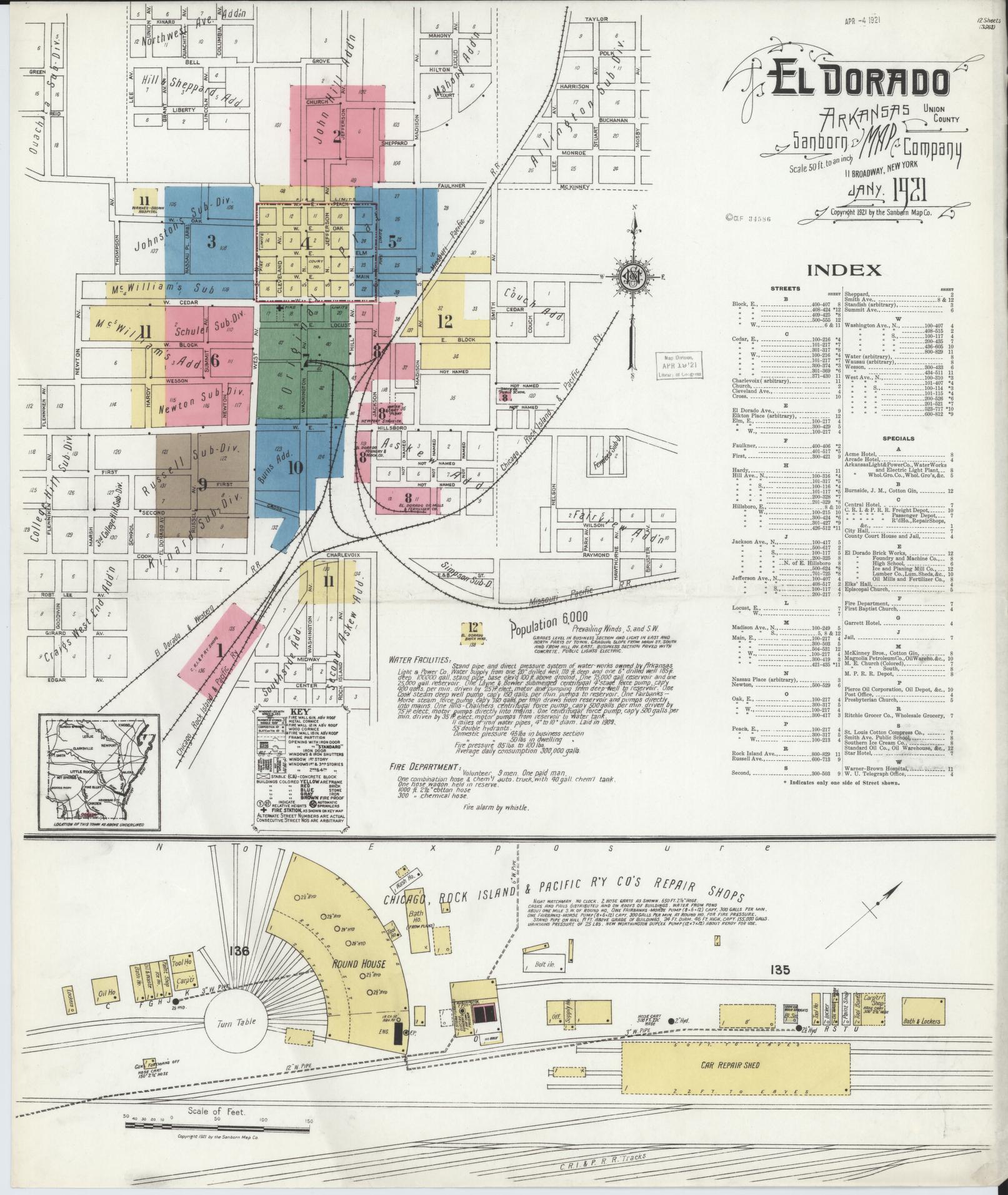 Sanborn Fire Insurance Map from El Dorado, Union County, Arkansas (1921), Sheet #0001 - Historic Sanborn Fire Insurance Map Print, vintage old map wall art, antique decor, genealogy gift, Arkansas Arkansas map