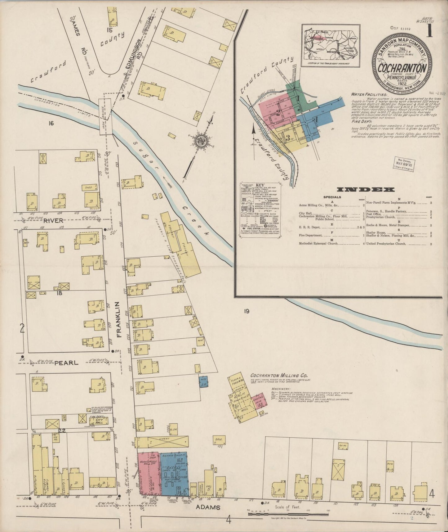 Sanborn Fire Insurance Map from Cochranton, Crawford County, Pennsylvania (1922), Sheet #0001 - Historic Sanborn Fire Insurance Map Print, vintage old map wall art, antique decor, genealogy gift, Pennsylvania Pennsylvania map