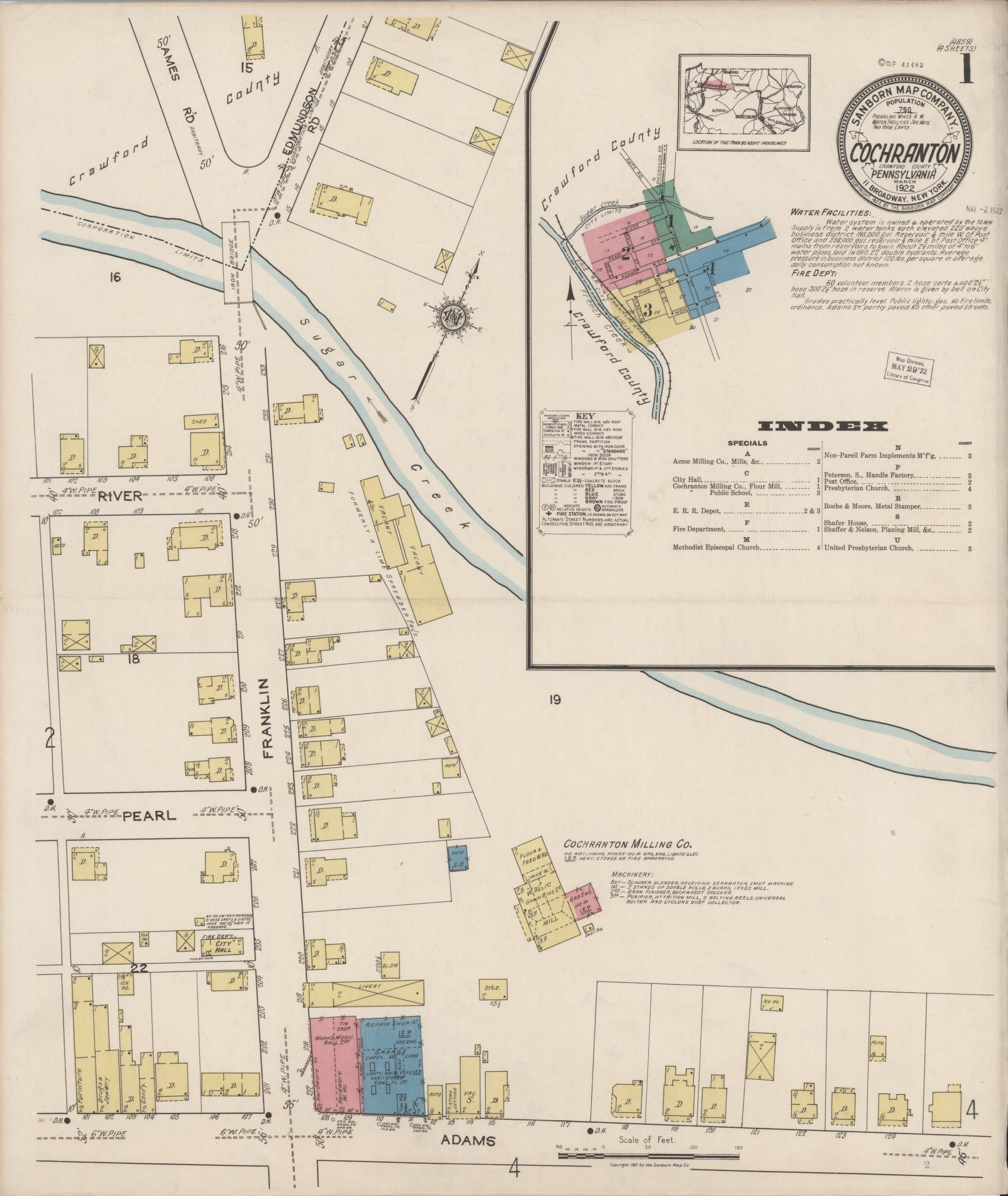 Sanborn Fire Insurance Map from Cochranton, Crawford County, Pennsylvania (1922), Sheet #0001 - Historic Sanborn Fire Insurance Map Print, vintage old map wall art, antique decor, genealogy gift, Pennsylvania Pennsylvania map