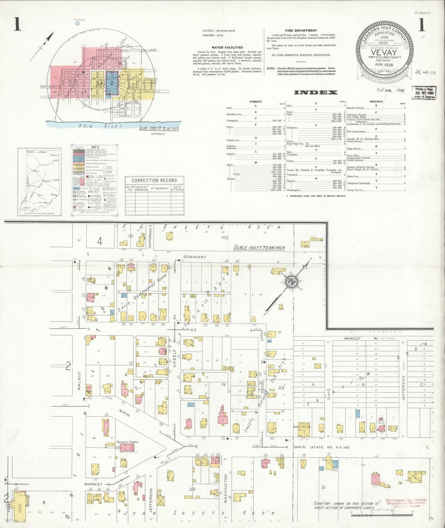 Sanborn Fire Insurance Map from Vevay, Switzerland County, Indiana (1938), Sheet #0001 - Complete Map Set gallery image, historic Sanborn map, vintage wall art, Indiana Indiana