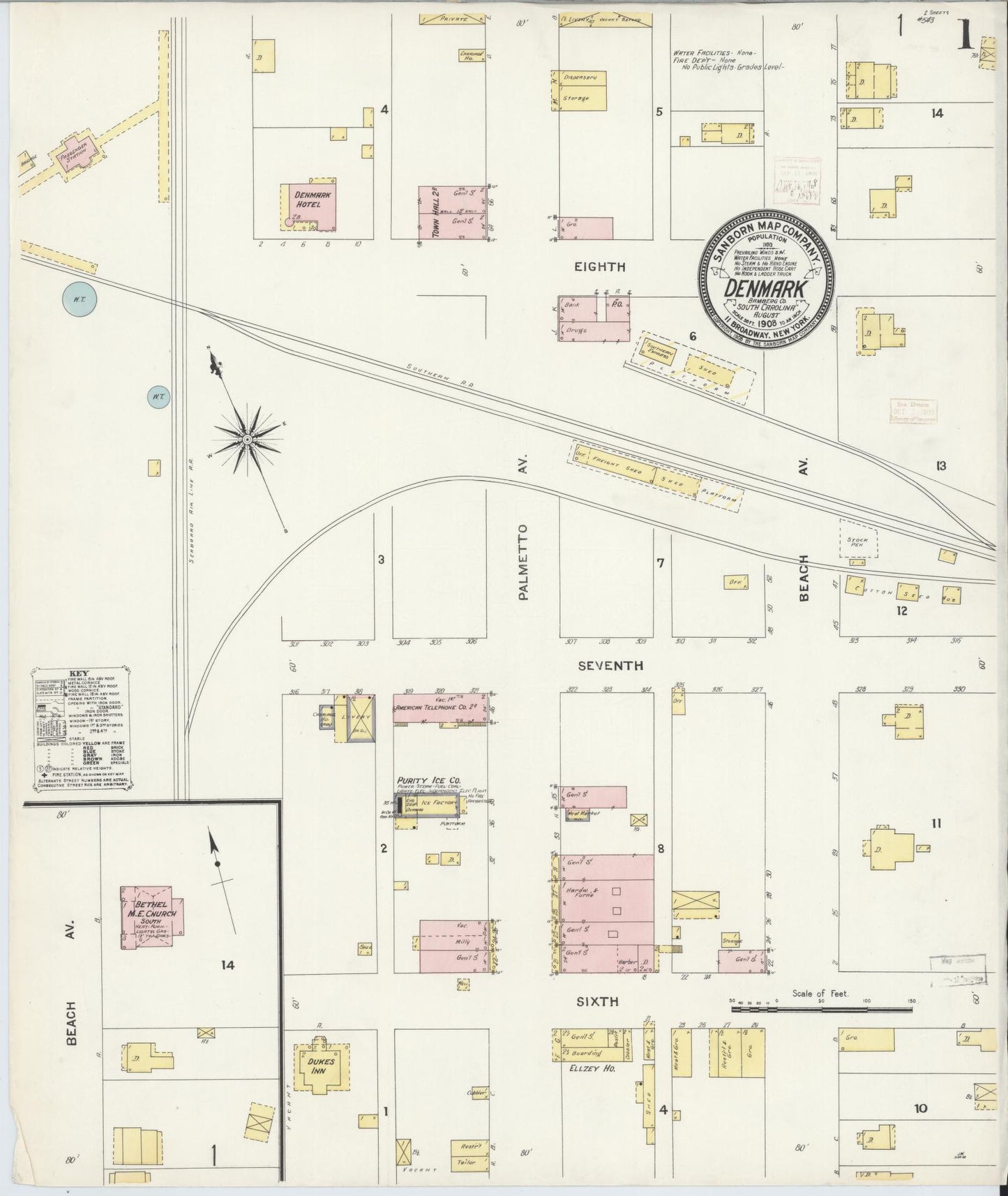 Sanborn Fire Insurance Map from Denmark, Bamberg County, South Carolina. (1908) – Historic Sanborn Fire Insurance Map Print