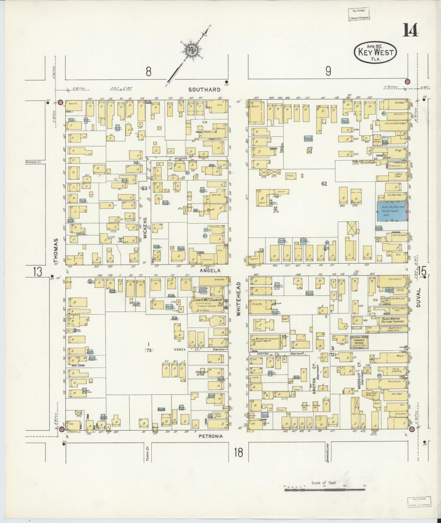 Sanborn Fire Insurance Map from Key West, Monroe County, Florida (1912), Sheet #0014 - Complete Map Set gallery image, historic Sanborn map, vintage wall art, Florida Florida