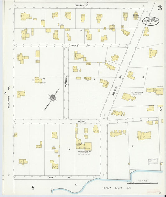 Sanborn Fire Insurance Map from Bellport, Suffolk County, New York (1910), Sheet #0003 - Historic Sanborn Fire Insurance Map Print, vintage old map wall art, antique decor, genealogy gift, New York New York map
