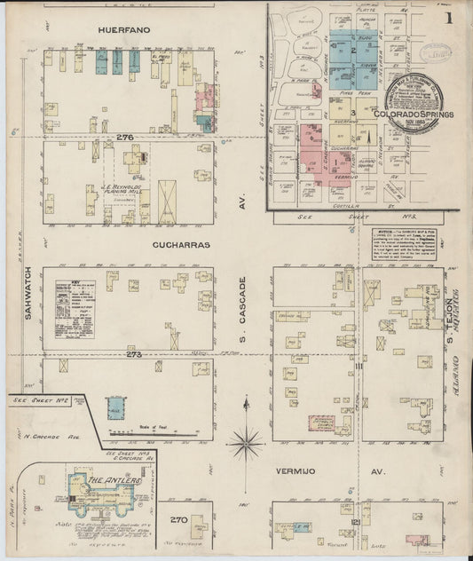 Sanborn Fire Insurance Map from Colorado Springs, El Paso County, Colorado (1883), Sheet #0001 - Historic Sanborn Fire Insurance Map Print, vintage old map wall art, antique decor, genealogy gift, Colorado Colorado map